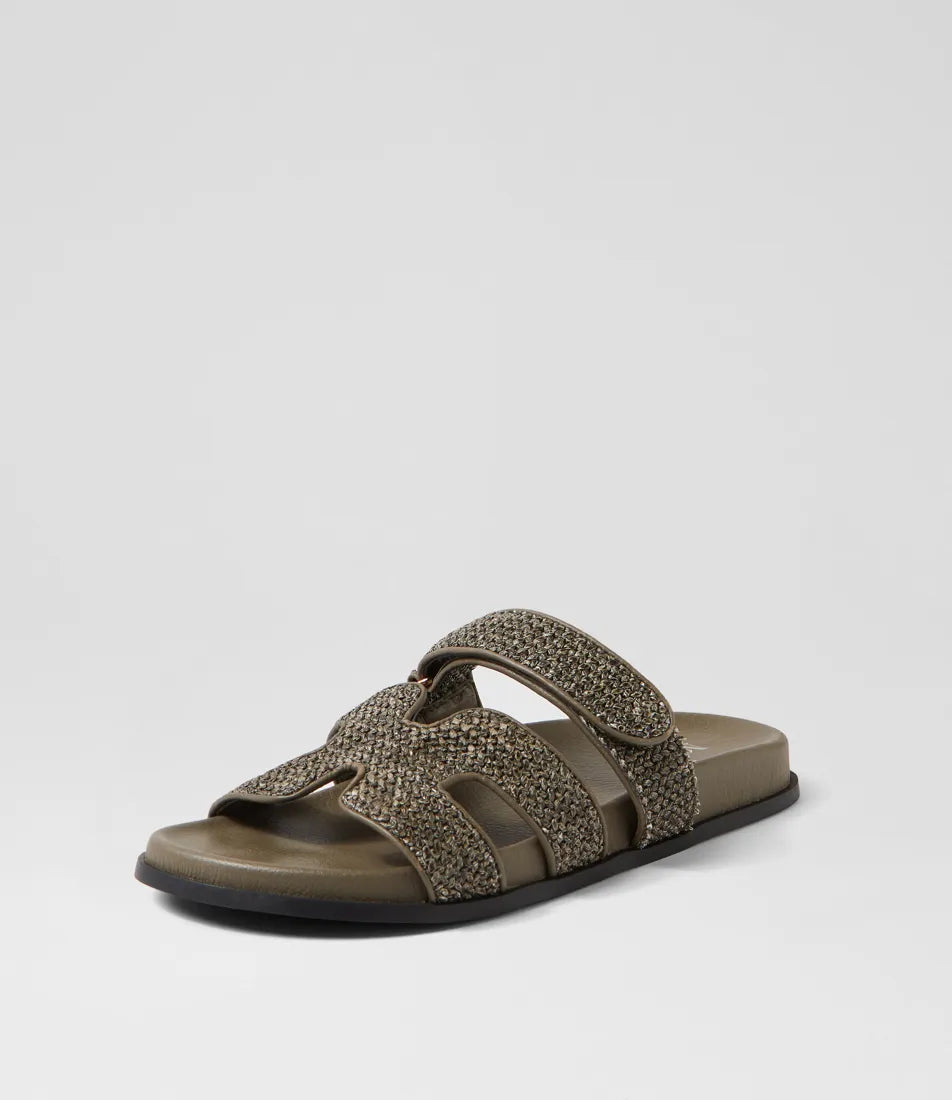 Mollini - Hayzlen Woven Leather Slides. Olive.